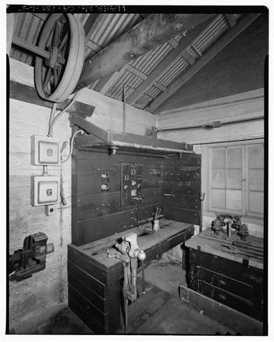  ELECTRICAL TEST WORK BENCH. VIEW TO EAST. - Santa Ana River Hydroelectric System, SAR-1 Machine Shop, Redlands, San Bernardino County, CA
