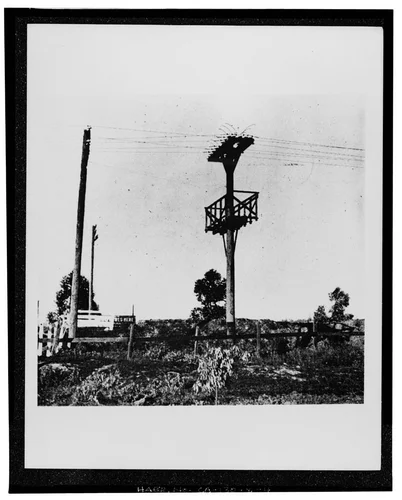  MID-DISTANCE VIEW OF LIGHTNING ARRESTER. EEC print no. S-C-01-00479, no date. Photographer unknown. - Santa Ana River Hydroelectric System, Transmission Lines, Redlands, San Bernardino County, CA