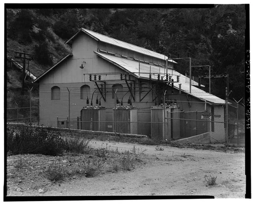  NORTH AND WEST ELEVATIONS, WITH TRANSFORMERS, LOOKING SOUTH-SOUTHEAST. - Santa Ana River Hydroelectric System, SAR-2 Powerhouse, Redlands, San Bernardino County, CA