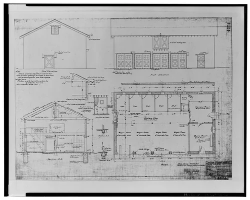  PLAN, ELEVATIONS, AND SECTIONS OF STABLE, SANTA ANA NO. 1, MAY 29, 1912. SCE drawing no. 4674. - Santa Ana River Hydroelectric System, SAR-1 Stable, Redlands, San Bernardino County, CA