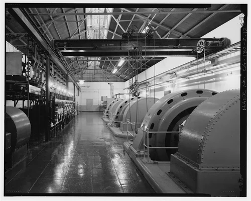  CRANE AND OVERALL INTERIOR, LOOKING NORTHWEST. - Santa Ana River Hydroelectric System, SAR-1 Powerhouse, Redlands, San Bernardino County, CA