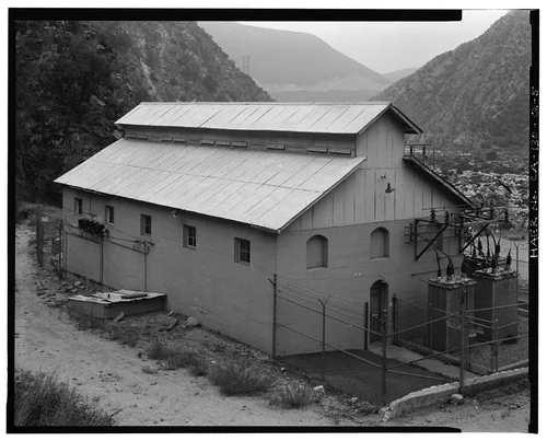  NORTH AND EAST ELEVATIONS, WITH TRANSFORMERS.  VIEW TO SOUTHWEST. - Santa Ana River Hydroelectric System, SAR-2 Powerhouse, Redlands, San Bernardino County, CA