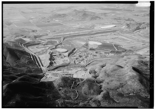  WEST DAM, VIEW FROM EAST, ROCK QUARRIES IN FOREGROUND.  - Eastside Reservoir, Diamond & Domenigoni Valleys, southwest of Hemet, Hemet, Riverside County, CA
