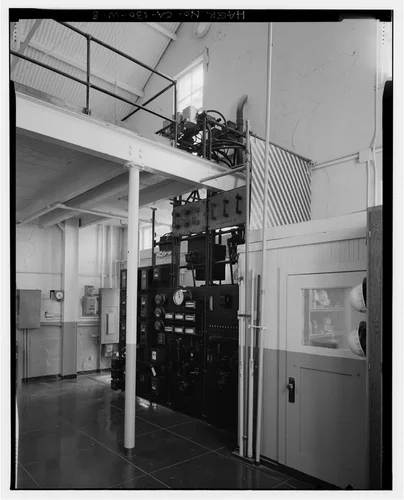  CONTROL PANEL, BUS ABOVE, AND OPERATOR'S OFFICE, LOOKING EAST. - Santa Ana River Hydroelectric System, SAR-3 Powerhouse, Redlands, San Bernardino County, CA