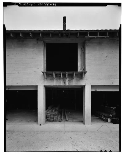  FRONT, WITH HAYLOFT AND GROUND FLOOR BAYS OPEN. VIEW TO NORTHWEST. - Santa Ana River Hydroelectric System, SAR-1 Stable, Redlands, San Bernardino County, CA