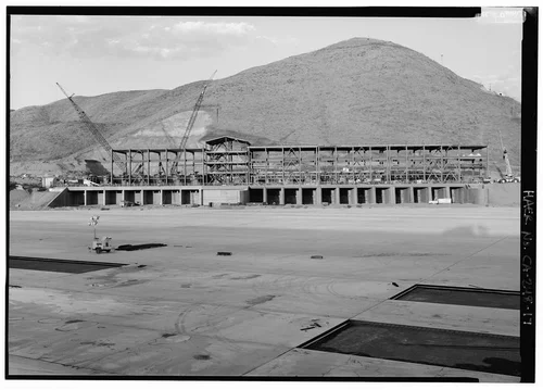  FRONT ELEVATION OF PUMP HOUSE AT WEST DAM, LOOKING NORTHEAST.  - Eastside Reservoir, Diamond & Domenigoni Valleys, southwest of Hemet, Hemet, Riverside County, CA