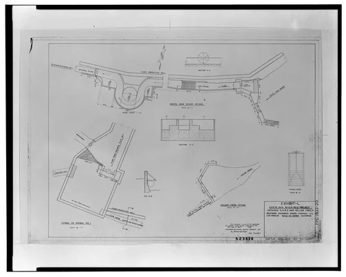  INTAKES, S.A.R. 2 AND KELLER CREEK, EXHIBIT L, SANTA ANA RIVER NO. 2 PROJECT, APR. 30, 1945. SCE drawing no. 523639 (sheet no. 10, for filing with Federal Power Commission). - Santa Ana River Hydroelectric System, SAR-2 Intake, Redlands, San Bernardino County, CA