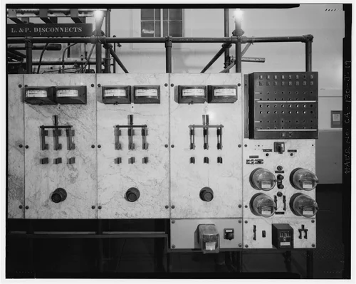  WATER DRIVEN EXCITER CONTROL PANEL. VIEW TO SOUTHWEST. - Santa Ana River Hydroelectric System, SAR-1 Powerhouse, Redlands, San Bernardino County, CA