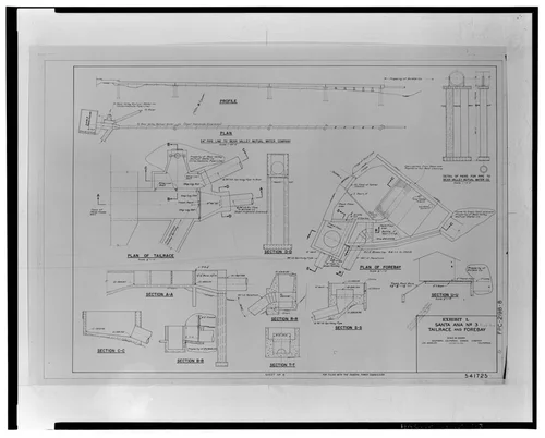  TAILRACE AND FOREBAY, SANTA ANA NO. 3, EXHIBIT L, JAN. 25, 1956. SCE drawing no. 541475 (sheet 6; for filing with Federal Power Commission). - Santa Ana River Hydroelectric System, SAR-3 Forebay & Penstock, Redlands, San Bernardino County, CA