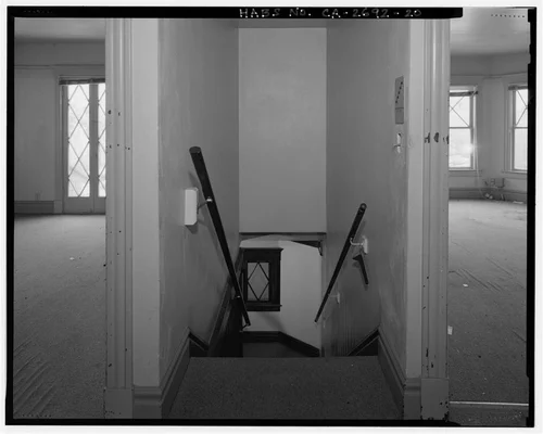 Interior 2nd floor stairwell detail view, facing north. - Benjamin Rockhold House, 4220 Lemon Street, Riverside, Riverside County, CA