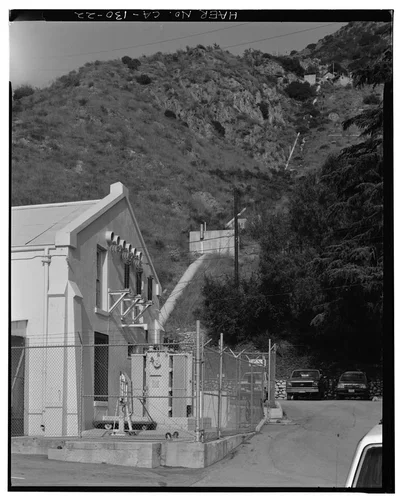  SAR-3, SOUTH ELEVATION WITH PENSTOCK AND FOREBAY ABOVE, LOOKING NORTHEAST. - Santa Ana River Hydroelectric System, Redlands, San Bernardino County, CA