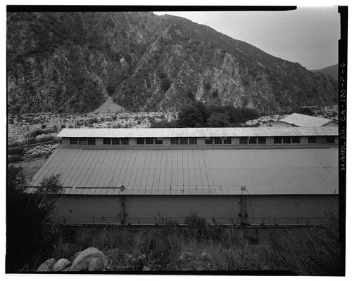  PARTIAL NORTHEAST ELEVATION, LOOKING SOUTHWEST. - Santa Ana River Hydroelectric System, SAR-1 Powerhouse, Redlands, San Bernardino County, CA