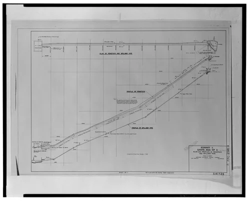  PLAN AND PROFILES OF PENSTOCK AND SPILLWAY PIPE, SANTA ANA NO. 3, EXHIBIT L, JAN. 25, 1956. SCE drawing no. 541726 (sheet 7; for filing with Federal Power Commission). - Santa Ana River Hydroelectric System, SAR-3 Forebay & Penstock, Redlands, San Bernardino County, CA