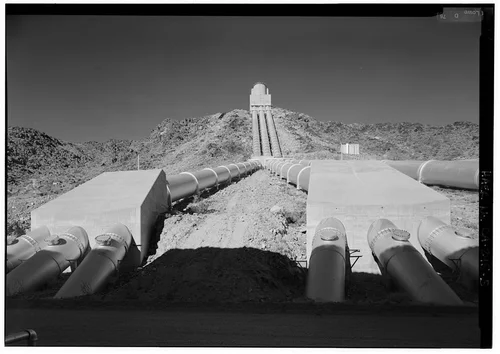  SUPPLY LINES UPHILL FROM REAR OF EAGLE MOUNTAIN PUMP HOUSE.  - Eagle Mountain Pump Plant, Ten miles north of Route 10, southeast of Eagle Mountain, Eagle Mountain, Riverside County, CA