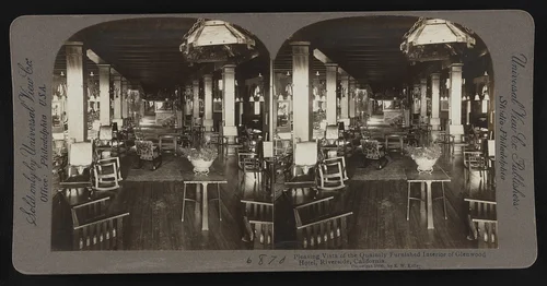 Pleasing vista of the quaintly furnished interior of Glenwood Hotel, Riverside, California