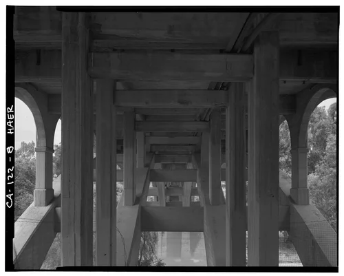  DETAIL VIEW OF PIERS BELOW DECK - Victoria Bridge, Spanning Tequesquite Arroyo, Riverside, Riverside County, CA