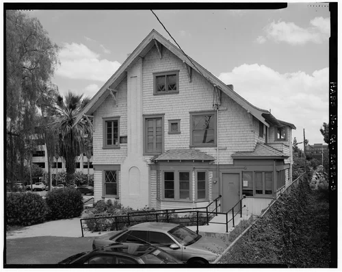 Exterior southeast corner view, facing northwest. - Benjamin Rockhold House, 4220 Lemon Street, Riverside, Riverside County, CA