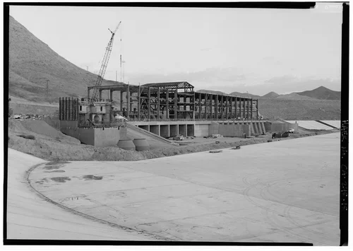  3/4 ELEVATION OF PUMP HOUSE AND FOREBAY LOOKING SOUTH-SOUTHEAST. - Eastside Reservoir, Diamond & Domenigoni Valleys, southwest of Hemet, Hemet, Riverside County, CA