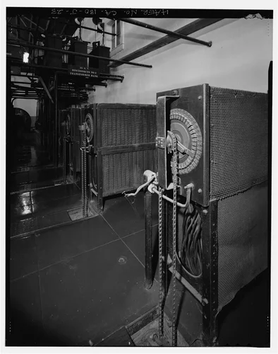  RHEOSTATS BEHIND HISTORIC CONTROL PANEL. VIEW TO SOUTH. - Santa Ana River Hydroelectric System, SAR-1 Powerhouse, Redlands, San Bernardino County, CA