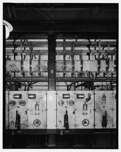  750 VOLT GENERATOR DISCONNECT PANEL. VIEW TO SOUTHWEST. - Santa Ana River Hydroelectric System, SAR-1 Powerhouse, Redlands, San Bernardino County, CA