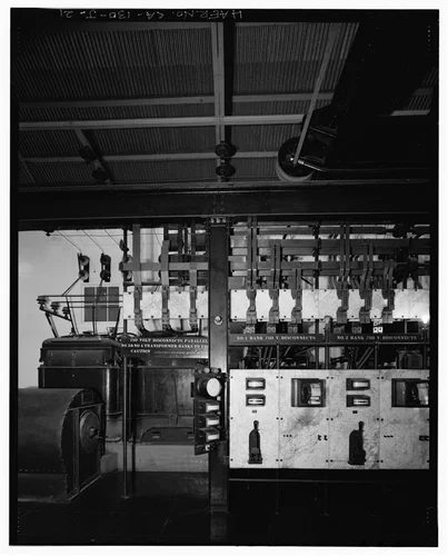  SOUTHEAST END OF HISTORIC CONTROL PANEL: NO. 1 AND NO. 2 DISCONNECTS. VIEW TO SOUTHWEST. - Santa Ana River Hydroelectric System, SAR-1 Powerhouse, Redlands, San Bernardino County, CA