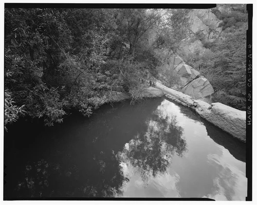  POOL BEHIND DIVERSION DAM. VIEW DOWN CANYON TO SOUTHWEST. - Santa Ana River Hydroelectric System, Santa Ana River Diversion Dam, Redlands, San Bernardino County, CA