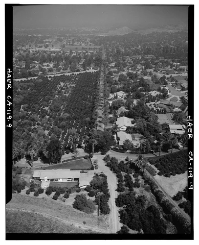  AERIAL VIEW OF ORANGE GROVES AND SUBURBAN DEVELOPMENT - Arlington Heights Citrus Landscape, Southwestern portion of city of Riverside, Riverside, Riverside County, CA