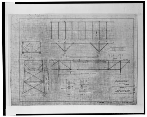  DETAILS OF STEEL FLUME, TYPICAL BENTS AND TRUSSES. EXHIBIT L, SANTA ANA RIVER NO. 1 PROJECT, APR. 30, 1945. SCE drawing no. 523196 (sheet no. 6; for filing with Federal Power Commission). - Santa Ana River Hydroelectric System, Flumes & Tunnels below Sandbox, Redlands, San Bernardino County, CA