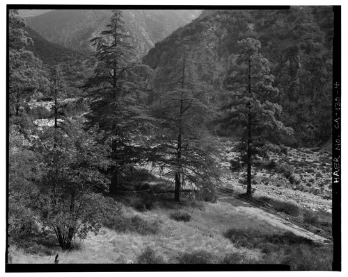  LOOKING DOWN ON COTTAGE SITE NEAR SAR-1, FROM ROAD TO FOREBAY. VIEW TO EAST. - Santa Ana River Hydroelectric System, Redlands, San Bernardino County, CA