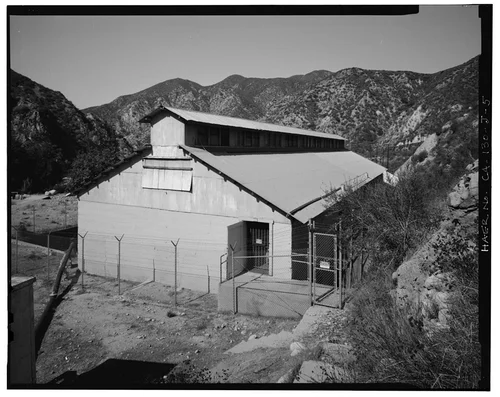  SOUTHEAST AND NORTHEAST ELEVATIONS, FROM TERRACES NEAR SANTA ANA WELL #1. VIEW TO WEST. - Santa Ana River Hydroelectric System, SAR-1 Powerhouse, Redlands, San Bernardino County, CA