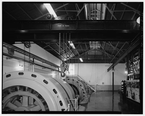  CRANE AND INTERIOR SOUTHEAST WALL. - Santa Ana River Hydroelectric System, SAR-1 Powerhouse, Redlands, San Bernardino County, CA