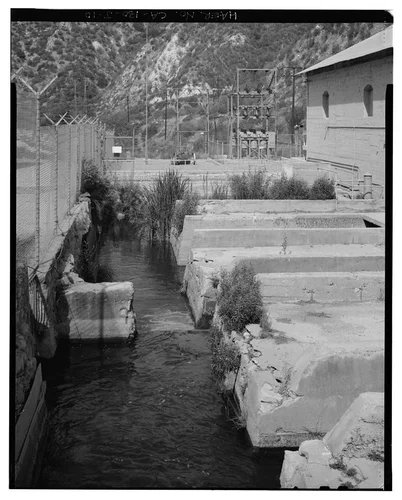  TAILRACES AND SWITCH RACK, LOOKING NORTHWEST. - Santa Ana River Hydroelectric System, SAR-1 Powerhouse, Redlands, San Bernardino County, CA