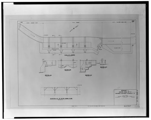  SANDBOX BETWEEN TUNNELS 1-2. SANTA ANA NO. 3, EXHIBIT L, JAN. 25, 1956. SCE drawing no. 541727 (sheet 2; for filing with Federal Power Commission). - Santa Ana River Hydroelectric System, Sandbox, SAR-3 Flowline, Redlands, San Bernardino County, CA