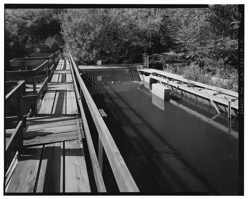  PLANK WALKWAY, POOL, AND LEAF SCREEN. VIEW TO SOUTHWEST. - Santa Ana River Hydroelectric System, Sandbox at Breakneck Creek, Redlands, San Bernardino County, CA