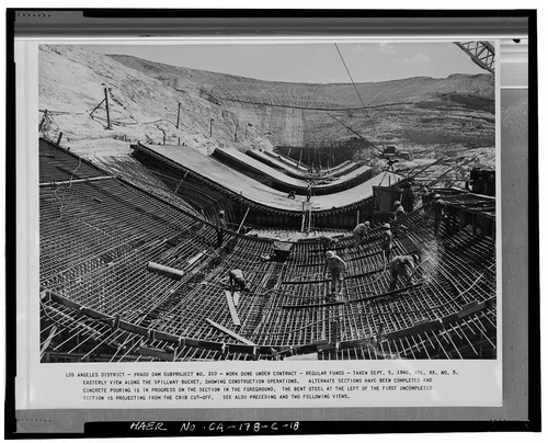  EASTERLY VIEW ALONG THE SPILLWAY BUCKET, SHOWING CONSTRUCTION OPERATIONS.... Volume XX, No. 5, September 5, 1940. - Prado Dam, Spillway, Santa Ana River near junction of State Highways 71 & 91, Corona, Riverside County, CA
