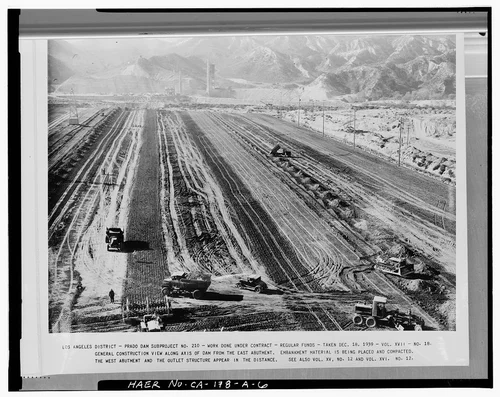  GENERAL CONSTRUCTION VIEW ALONG AXIS OF DAM FROM THE EAST ABUTMENT.... Volume XVII, No. 18, December 18, 1939. - Prado Dam, Embankment, Santa Ana River near junction of State Highways 71 & 91, Corona, Riverside County, CA