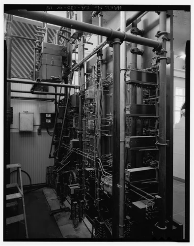  REAR OF CONTROL PANEL BELOW BUS. VIEW TO NORTHWEST. - Santa Ana River Hydroelectric System, SAR-3 Powerhouse, Redlands, San Bernardino County, CA