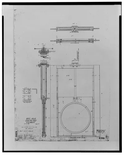  GATE VALVE (24 INCH) BETWEEN SMALL FOREBAYS AT HEAD OF PIPE LINES, SOUTHERN CALIFORNIA POWER CO., SEPT. 2, 1898. LOCATION: SANTA ANA NO. 1. SCE drawing no. 4269. - Santa Ana River Hydroelectric System, SAR-1 Forebay & Penstock, Redlands, San Bernardino County, CA