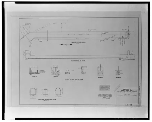 INTAKE FLUME AND TUNNEL SECTIONS, SANTA ANA NO. 3, EXHIBIT L, JAN. 25, 1956. SCE drawing no. 541728 (sheet 1; for filing with Federal Power Commission). - Santa Ana River Hydroelectric System, Warm Springs Canyon-SAR-3 Flumes, Redlands, San Bernardino County, CA