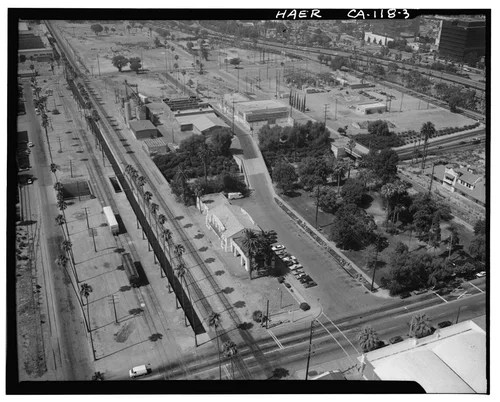  AERIAL VIEW OF SANTA FE RAILROAD STATION - California Citrus Heritage Recording Project, Riverside, Riverside County, CA