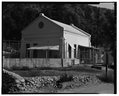  NORTH AND WEST ELEVATIONS, LOOKING SOUTHEAST. - Santa Ana River Hydroelectric System, SAR-3 Powerhouse, Redlands, San Bernardino County, CA