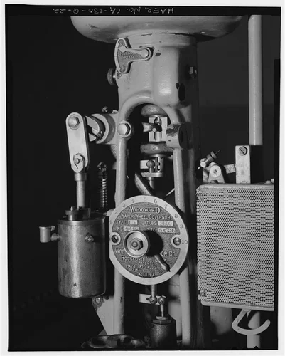  DETAIL OF WATERWHEEL GOVERNOR, LOOKING NORTH. - Santa Ana River Hydroelectric System, SAR-2 Powerhouse, Redlands, San Bernardino County, CA