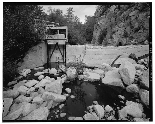  FRONT OF DAM, LOOKING NORTH-NORTHEAST. - Santa Ana River Hydroelectric System, Bear Creek Diversion Dam & Confluence Pool, Redlands, San Bernardino County, CA