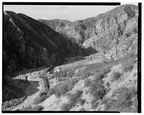  OVERVIEW OF SANTA ANA RIVER CANYON AND SAR-1, FROM ROAD TO HEADWORKS, LOOKING WEST-SOUTHWEST. - Santa Ana River Hydroelectric System, Redlands, San Bernardino County, CA