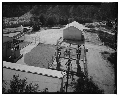  SAR-1 YARD, WITH TRANSFORMER, SWITCH RACK, STABLE, AND CORRAL. VIEW TO SOUTH. - Santa Ana River Hydroelectric System, Redlands, San Bernardino County, CA