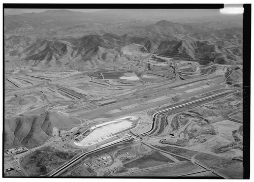  WEST DAM, FOREBAY, AND CANAL LOOKING SOUTHEAST; QUARRIES AT RIGHT.  - Eastside Reservoir, Diamond & Domenigoni Valleys, southwest of Hemet, Hemet, Riverside County, CA