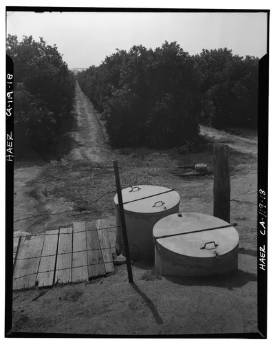  VIEW OF WEIR AND ORANGE GROVE - Arlington Heights Citrus Landscape, Southwestern portion of city of Riverside, Riverside, Riverside County, CA