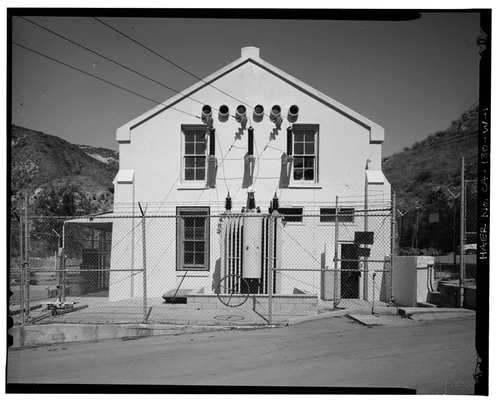  SOUTH ELEVATION, WITH TRANSFORMERS. VIEW TO NORTH-NORTHWEST. - Santa Ana River Hydroelectric System, SAR-3 Powerhouse, Redlands, San Bernardino County, CA