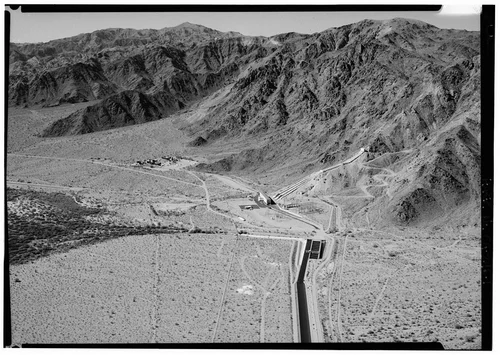  AERIAL VIEW OF HINDS (FORMERLY HAYFIELD) PUMP PLANT, LOOKING WEST. - Hinds Pump Plant, East of Joshua Tree National Monument, 5 miles north of Route 10, Hayfield, Riverside County, CA