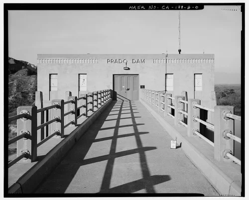  SERVICE BRIDGE AND SOUTH FRONT, CONTROL HOUSE. - Prado Dam, Outlet Works, Santa Ana River near junction of State Highways 71 & 91, Corona, Riverside County, CA